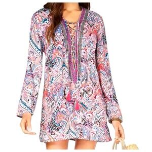 La Blanca Womens Paisley Lace Up V-Neck Swim Cover Up Dress Multicolor Medium